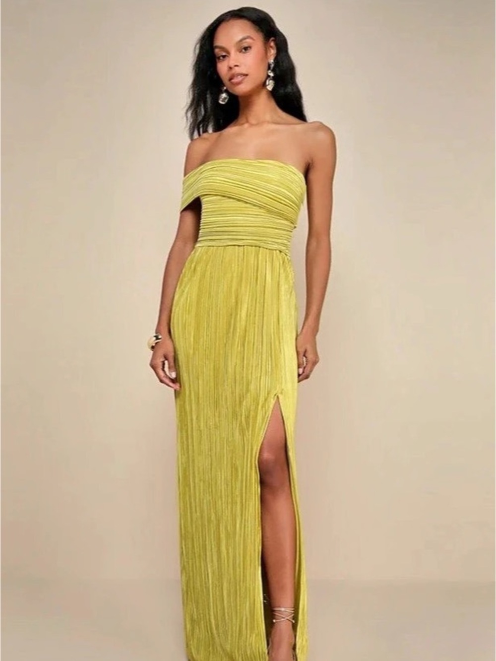 Lulus Poised Performance Olive Green Plisse One-Shoulder Maxi Dress